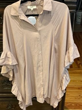 Elegant Blush Ruffle-Sleeve Button-Down Women's Shirt